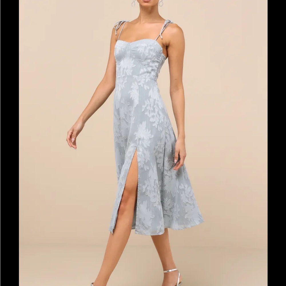 Loveliest Looks Dusty Blue Floral Jacquard Tie-Strap Midi Dress